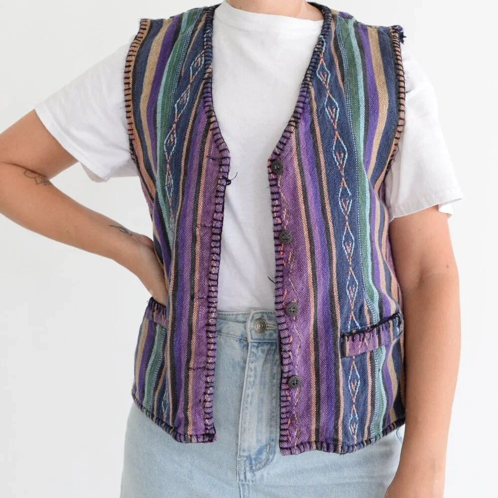 Vintage Xinqu Purple 3D Pattern Button Up 100% Cotton Vest S